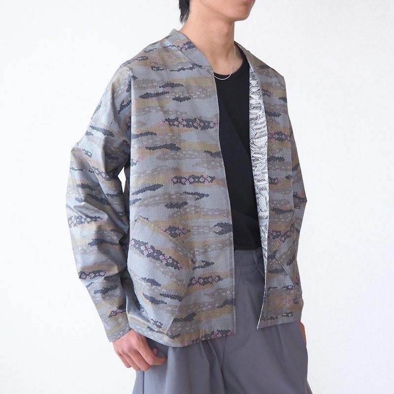 【日本制造】额外长袖夹克、复古和服夹克、大岛紬 - 男装外套 - 丝．绢 灰色