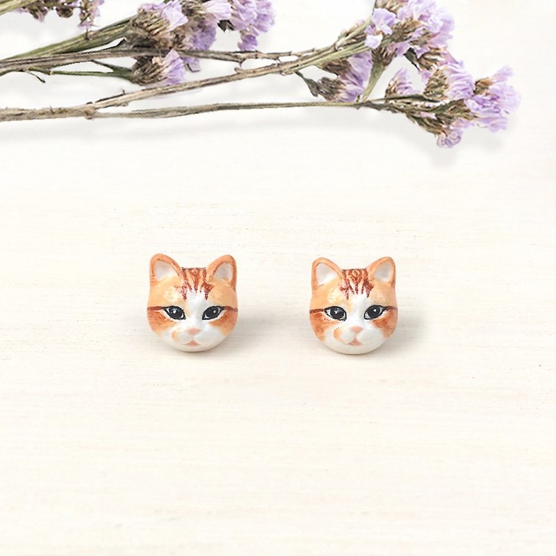 Orange Cat Earrings, Cat Stud Earrings, cat lover gifts - 耳环/耳夹 - 粘土 橘色