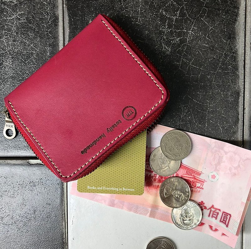 拉链式钱包 卡匣 皮包 零钱包  Color 玫瑰紫红色 - 零钱包 - 真皮 红色