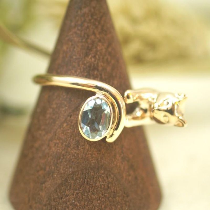 宝石を持った金の猫リング(アクアマリン0.380ct) - 戒指 - 其他金属 金色