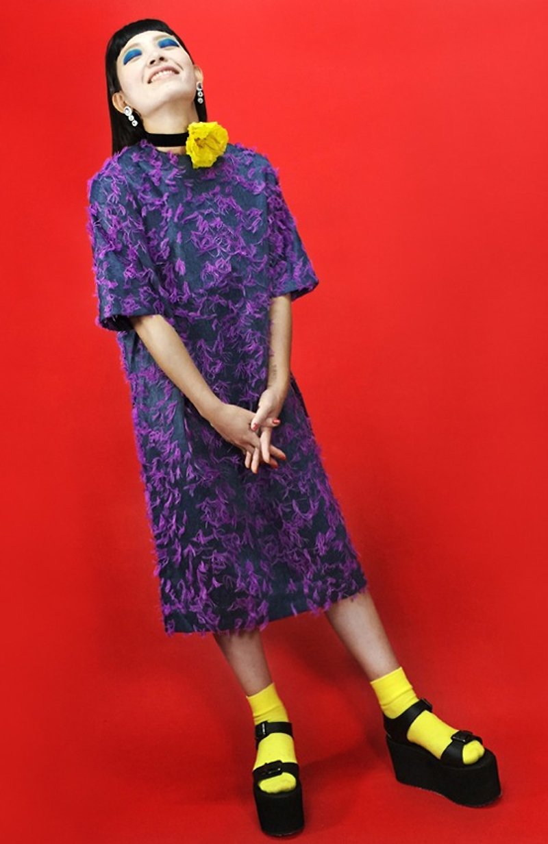ARTERY 紫色毛毛牛仔洋装 - 洋装/连衣裙 - 棉．麻 紫色