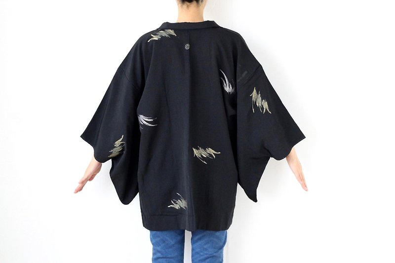 glitter abstract kimono, Japanese silk haori, Japanese kimono /3779 - 女装休闲/机能外套 - 丝．绢 黑色