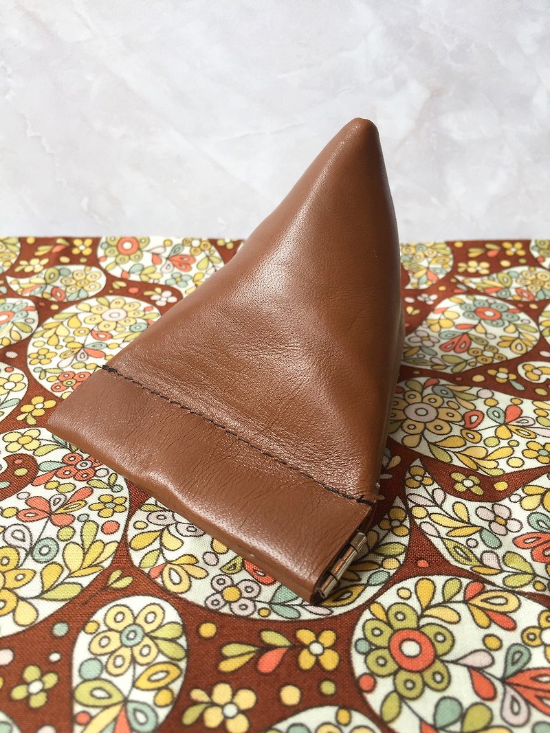 PY84-金字塔形状咖啡色皮革弹片零钱包 - 零钱包 - 真皮 咖啡色