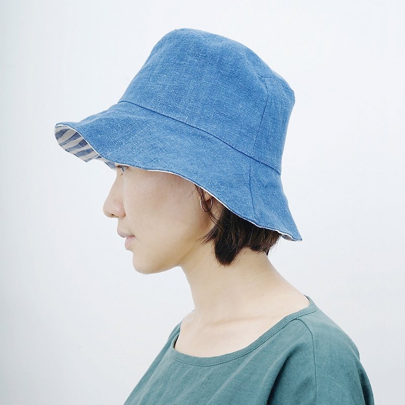 蘑菇MOGU/天然染/双面帽/蓝白条纹 - 帽子 - 棉．麻 蓝色