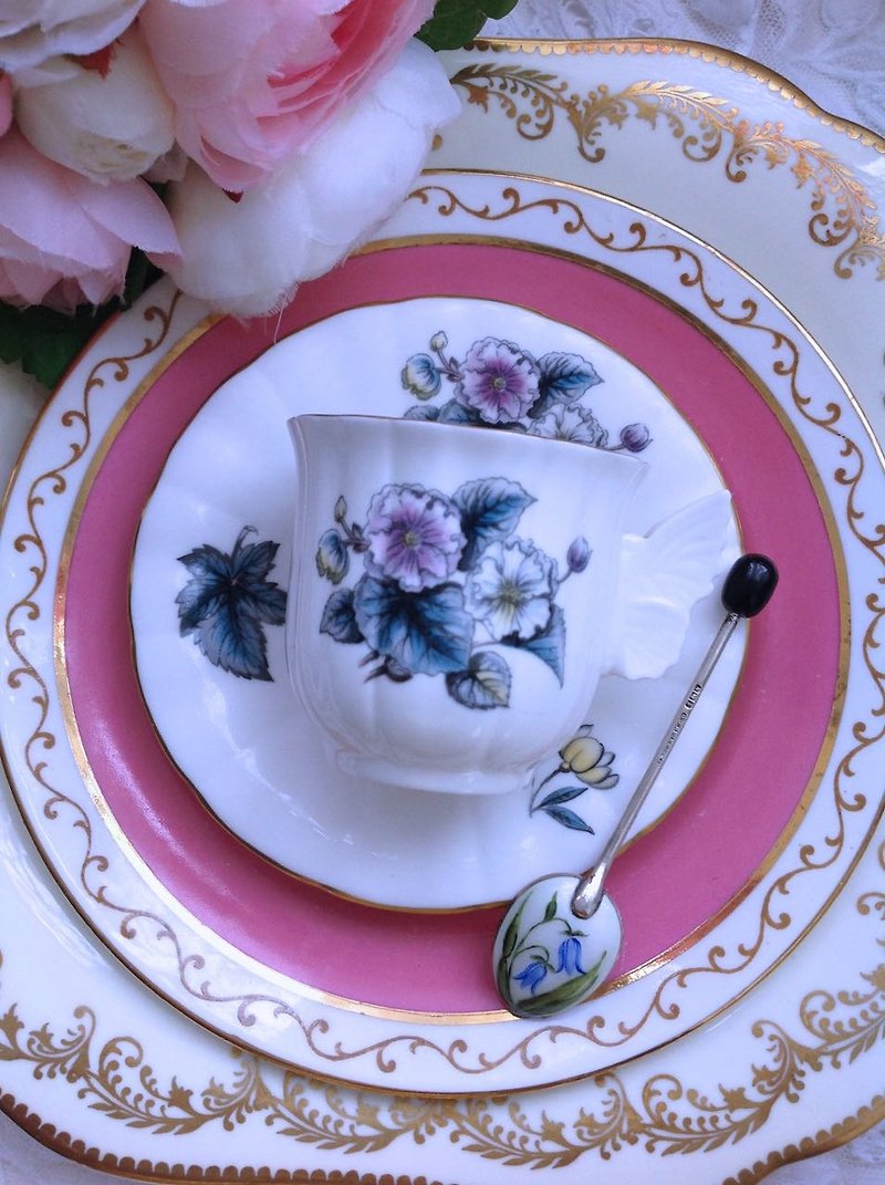 英国制骨瓷Royal Worcester 手绘蝴蝶细骨瓷咖啡杯两件组库存品 - 咖啡杯/马克杯 - 瓷 蓝色