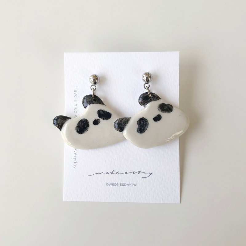 赖床熊猫 白瓷耳环 - 耳环/耳夹 - 瓷 黑色
