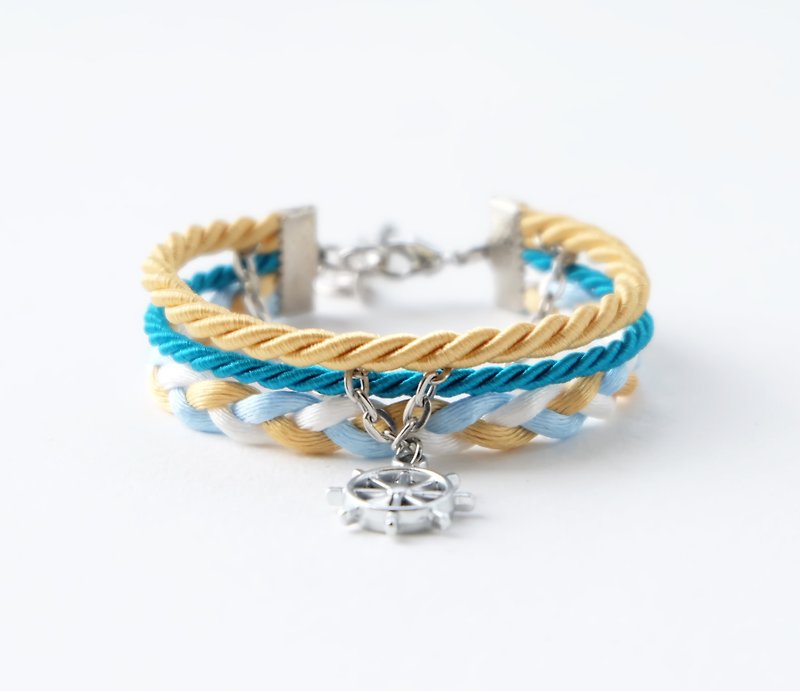 Ship wheel layered rope bracelet in gold / peacock blue / sky blue / white - 手链/手环 - 其他材质 金色