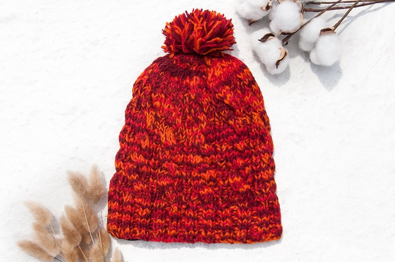 手工编织纯羊毛帽/编织帽/针织毛帽/内刷毛手织毛帽-北欧橘子草莓 - 帽子 - 羊毛 多色