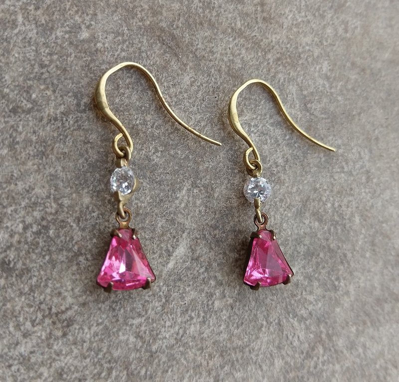 古董粉红玻璃垂坠耳环 - 耳环/耳夹 - 其他金属 