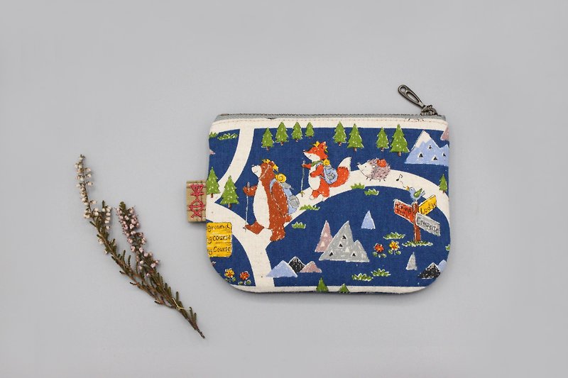 平安小乐包-熊与狸与小刺猬的旅行 ,双面双色小钱包 - 零钱包 - 棉．麻 蓝色