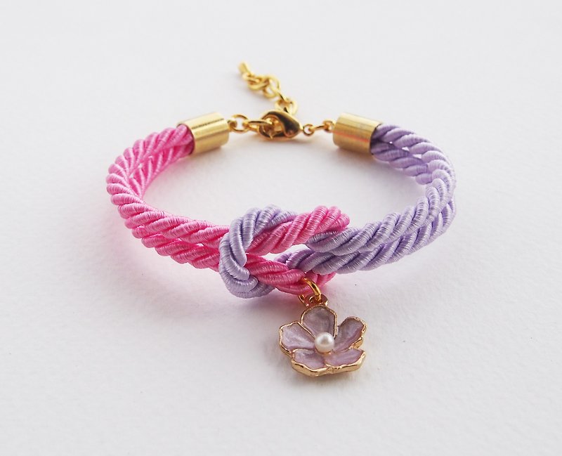 Pink and purple tie the knot bracelet with flower charm - 手链/手环 - 其他材质 紫色