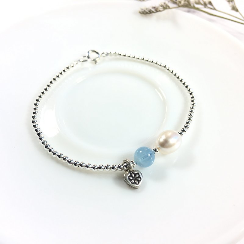 Ops Pearl Aquamarine bracelet 海蓝宝/珍珠/细致/纯银/心/手链 - 手链/手环 - 宝石 蓝色