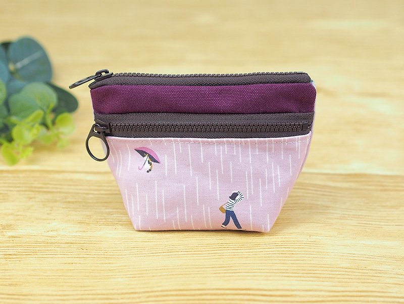 手作布包 口袋零钱包 双层拉链 小收纳包 雨天 猫咪【雨念】粉紫【BG-02】 - 零钱包 - 棉．麻 粉红色