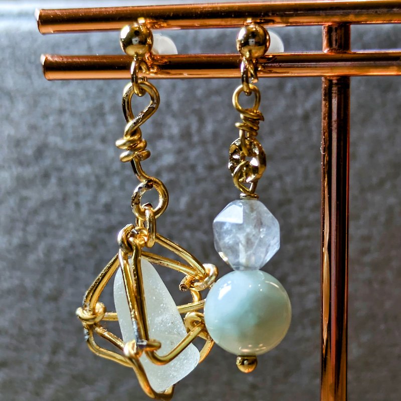 【守护】水晶海废玻璃/天然石串耳针耳夹 - 耳环/耳夹 - 其他材质 透明