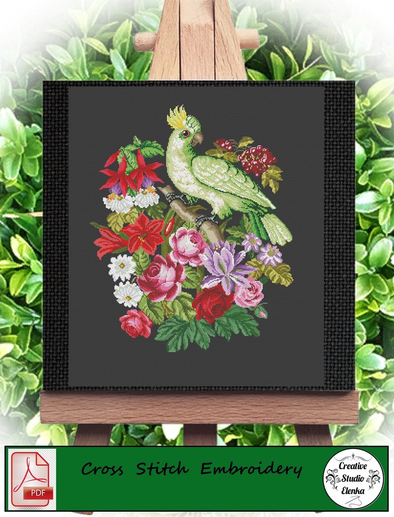 Vintage Cross Stitch Scheme Green Cockatoo  - PDF Embroidery Scheme - 编织/刺绣/羊毛毡/裁缝 - 其他材质 