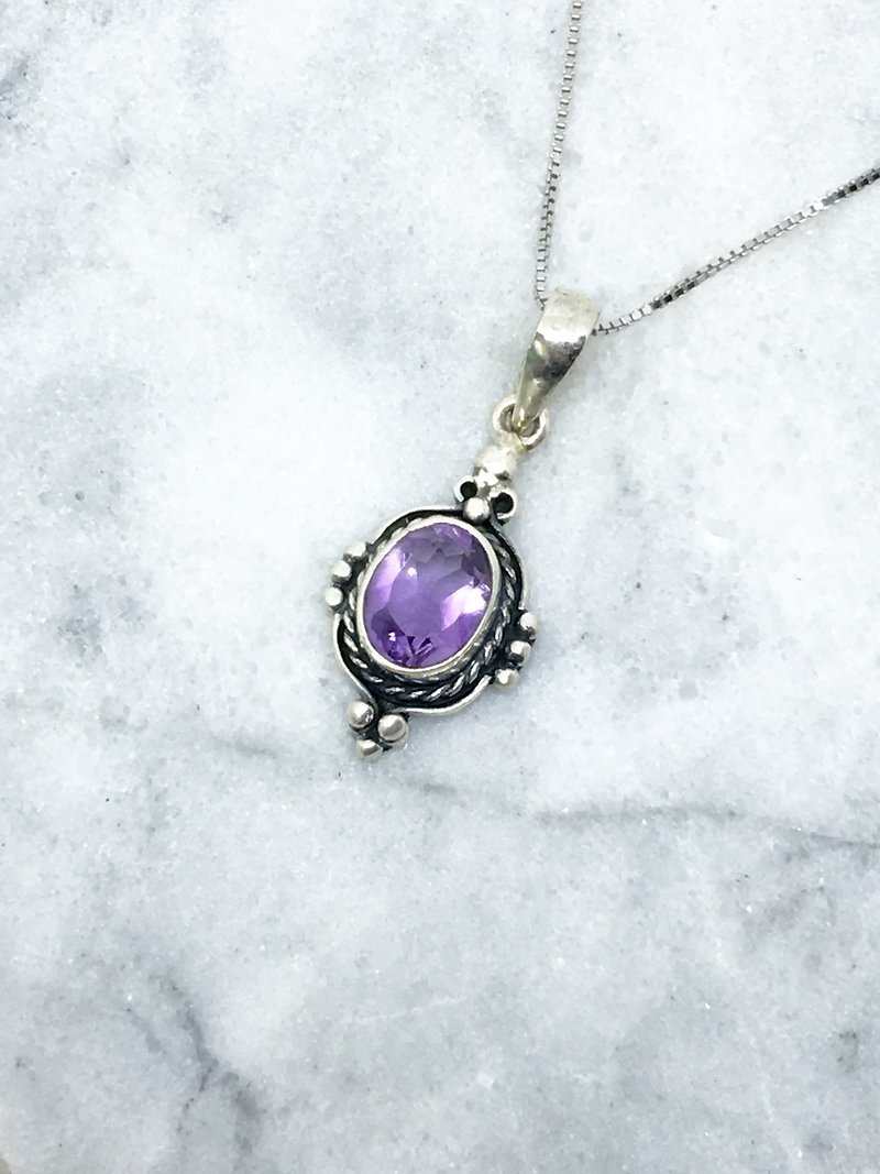紫水晶925纯银复古设计项链 尼泊尔手工镶嵌制作 - 项链 - 宝石 紫色