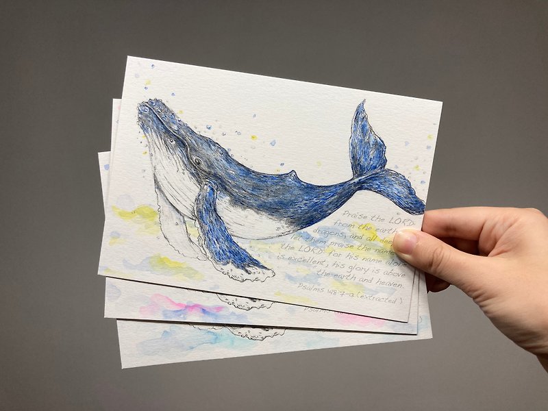 手绘水彩座头鲸明信片 - 卡片/明信片 - 纸 蓝色