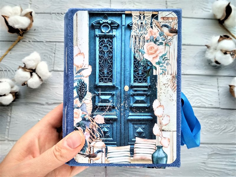 Blue door junk journal handmade Garden notebook Lace thick junk book vintage - 笔记本/手帐 - 纸 蓝色