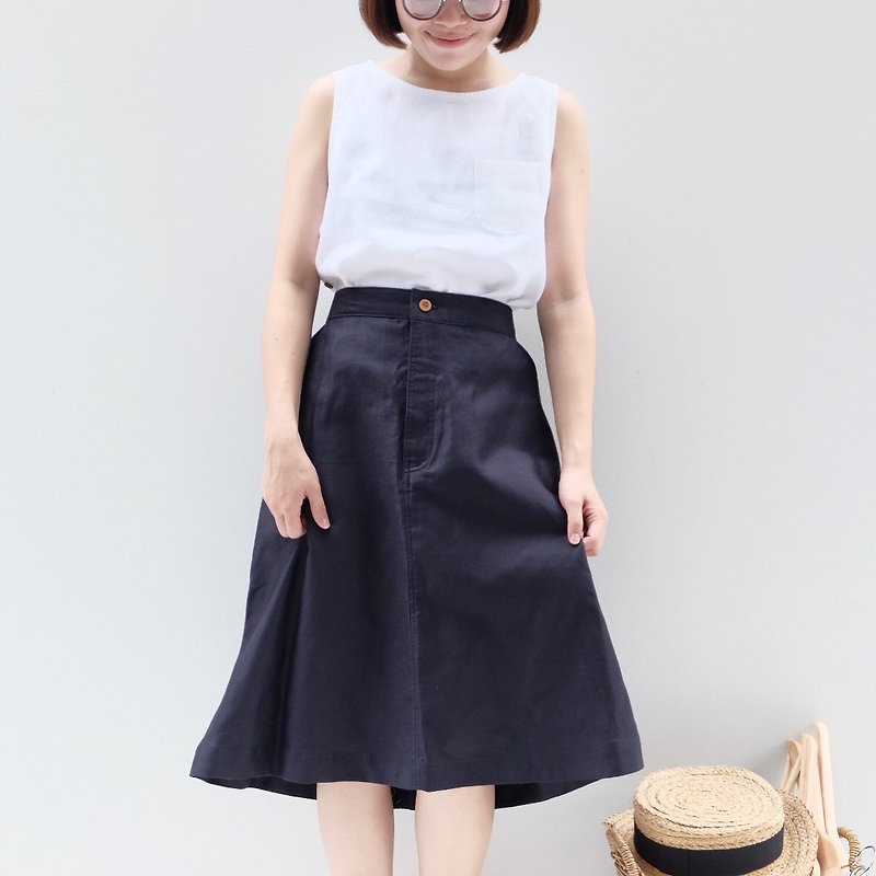 Linen Skirt : Dark Blue Color - 裙子 - 棉．麻 蓝色