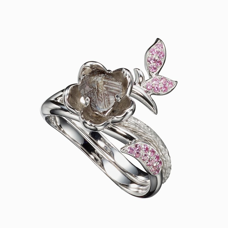 钻石钻胚14k金粉红宝石梅花求婚戒指套装  独特植物原石订婚组合 - 对戒 - 贵金属 黑色
