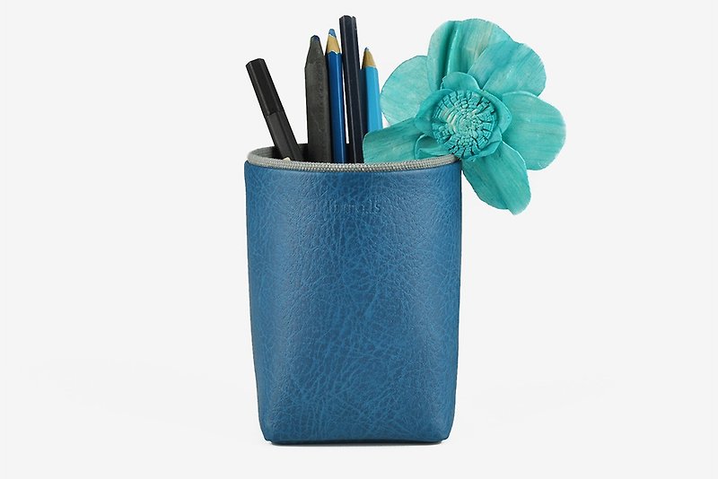 皮革帆布笔筒 桌面收纳 蓝色 - 笔筒/笔座 - 人造皮革 蓝色