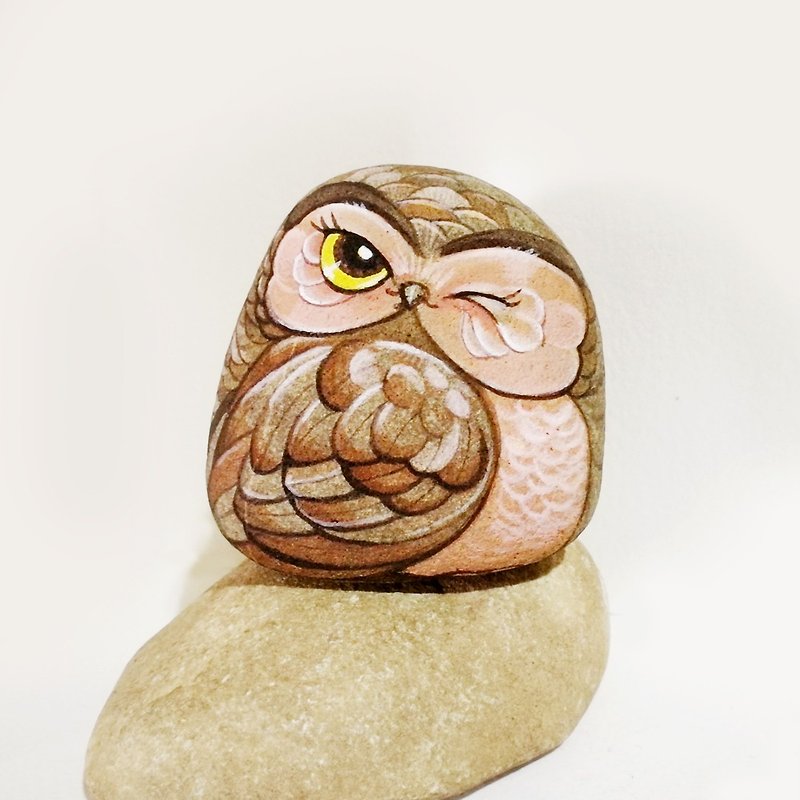 Owl stone painting original art. - 玩偶/公仔 - 石头 咖啡色