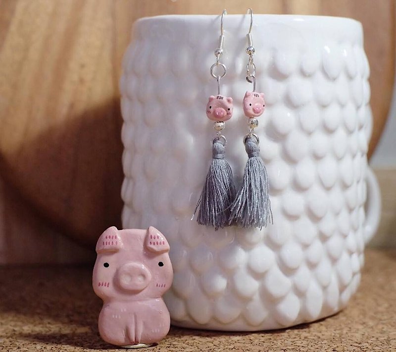 Pig set of earrings and brooch - 胸针 - 粘土 粉红色