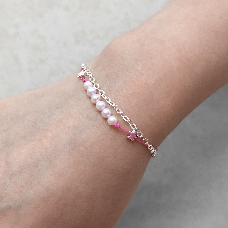 日本Akoya 珍珠紫红色爱情手绳|银珠手链|星星手链|珠珠手链 - 手链/手环 - 银 