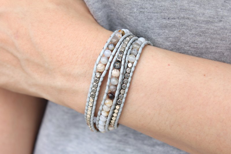 石珠串环手链灰色银色部落民族波西米亚环绕手链 - 手链/手环 - 石头 灰色