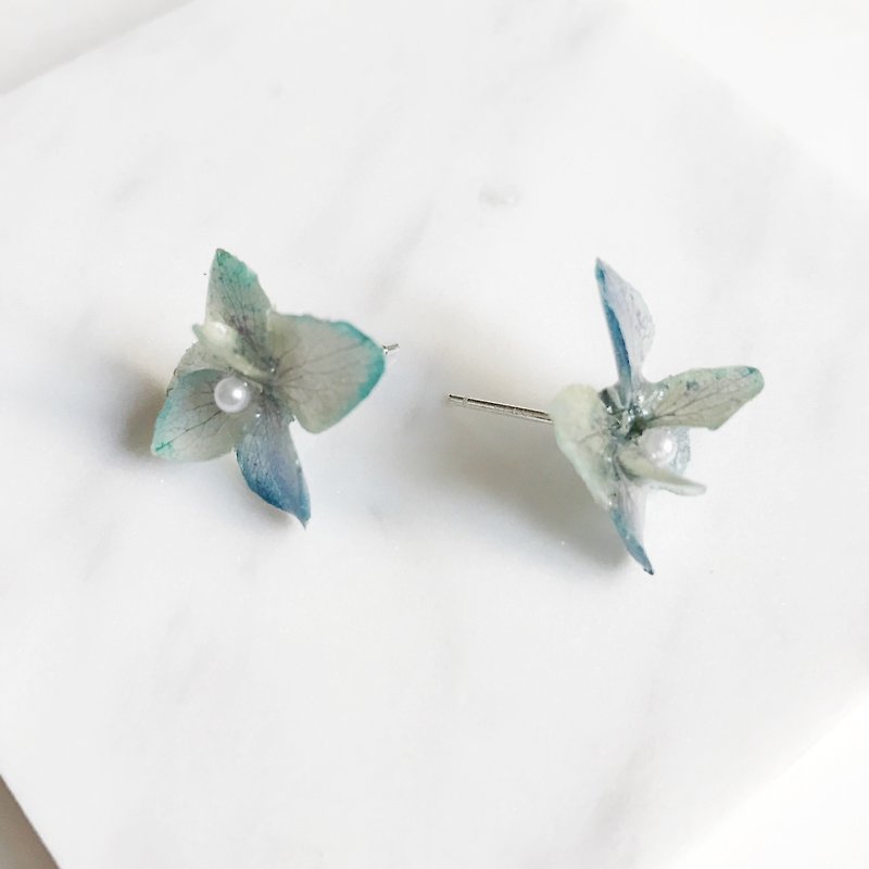 立体真花蓝色绣球花耳钉S925纯银 (可换耳夹) - 耳环/耳夹 - 植物．花 蓝色