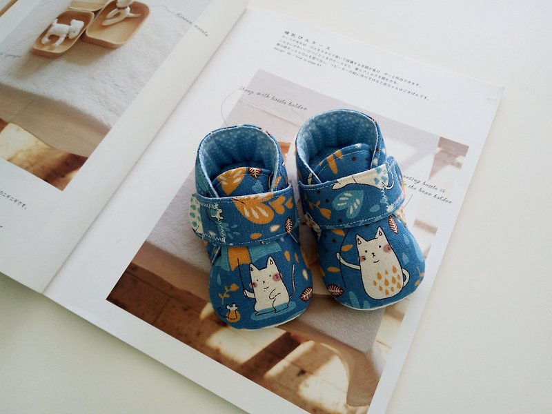 雨中猫咪  弥月礼物 婴儿鞋 宝宝鞋 短靴  13//14 - 童装鞋 - 棉．麻 蓝色