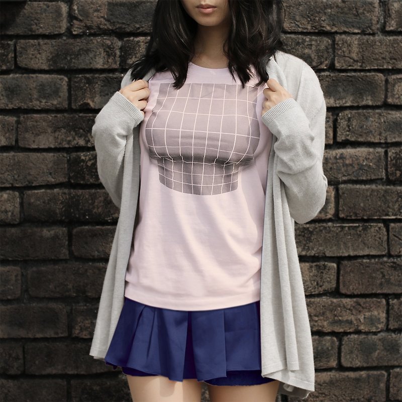 Mousou Mapping T-shirt/ Illusion grid/ PINK/ WL size - 女装 T 恤 - 棉．麻 粉红色
