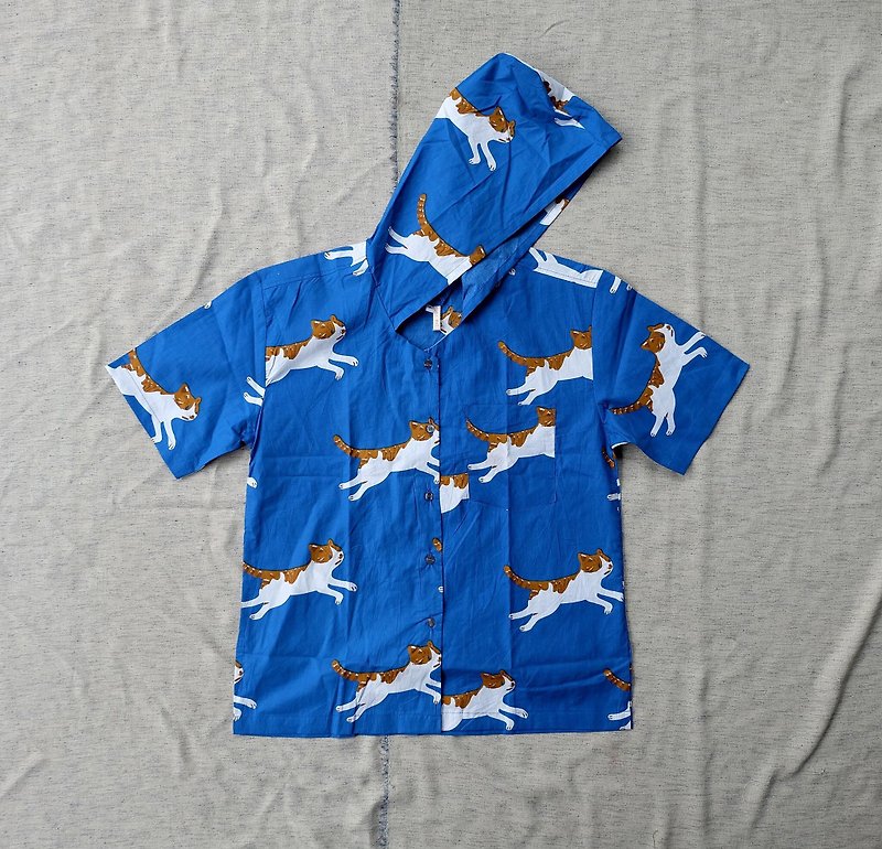 Joyful Cat Printed Hoodie Shirt - 中性连帽卫衣/T 恤 - 棉．麻 蓝色