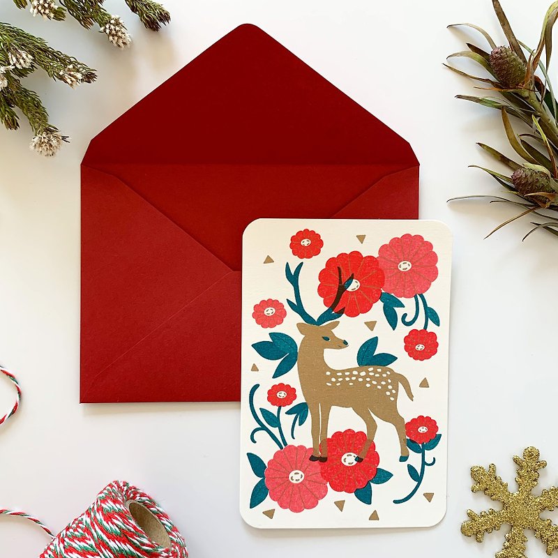 冬のグリーティングカード 封筒set -鹿さん- - 卡片/明信片 - 纸 红色