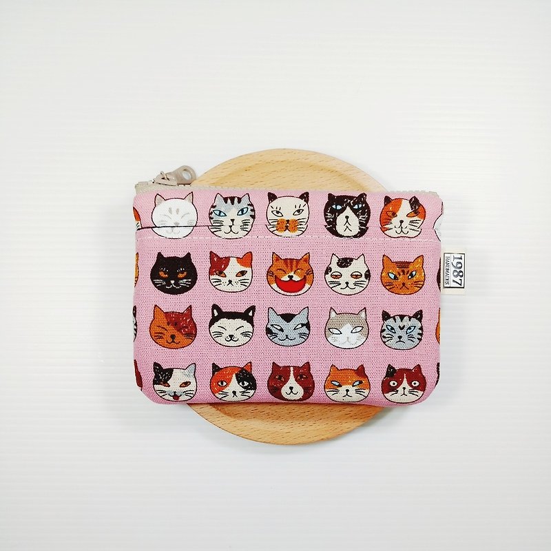 【小花猫-粉】 零钱包 手拿包 随身包 拉链袋 圣诞交换礼物 - 手拿包 - 棉．麻 粉红色