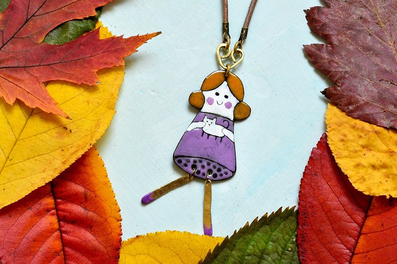 Copy Girl and cat necklace, Cat fan necklace, Cat necklace, Enamel necklace,  - 项链 - 珐琅 紫色