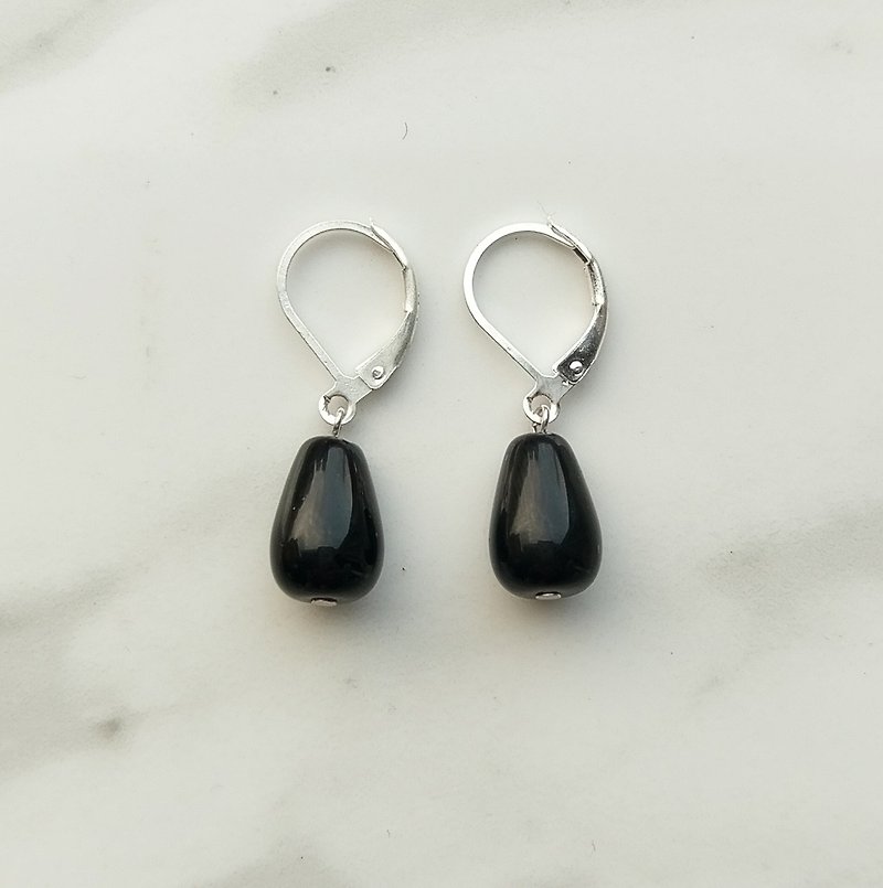 黑曜岩纯银耳环 - 耳环/耳夹 - 半宝石 黑色