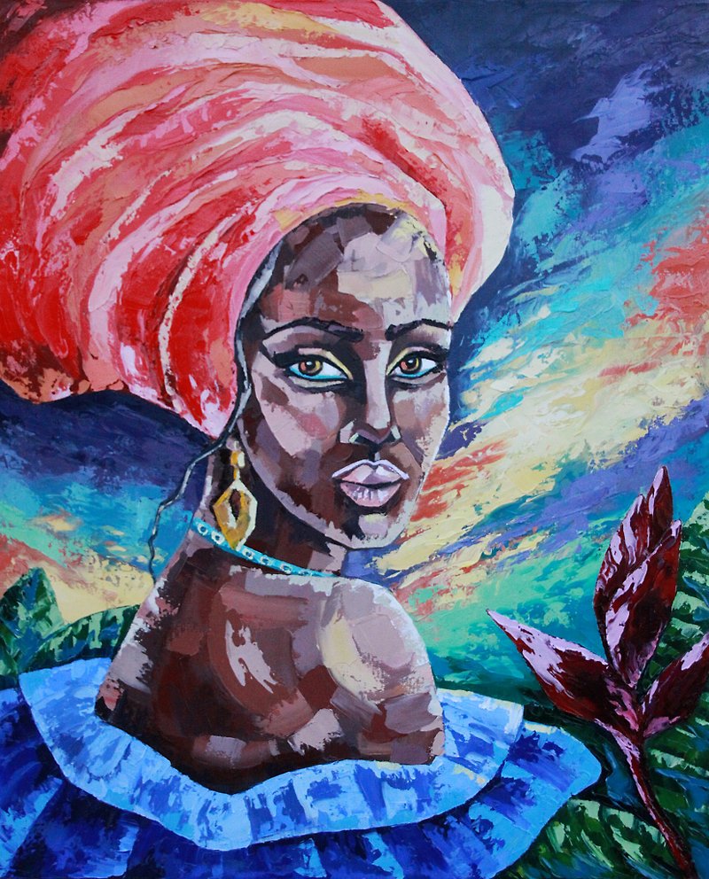 African Woman Painting Black Original Art Africa Wall Art Impasto Artwork Oi - 海报/装饰画/版画 - 其他材质 蓝色