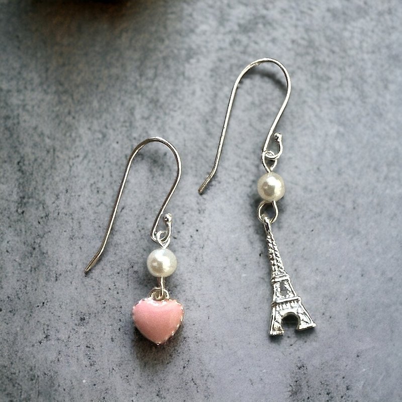 纯银 艾菲尔铁塔 粉红爱心  925 淡水珍珠 防敏感耳环 - 耳环/耳夹 - 纯银 粉红色