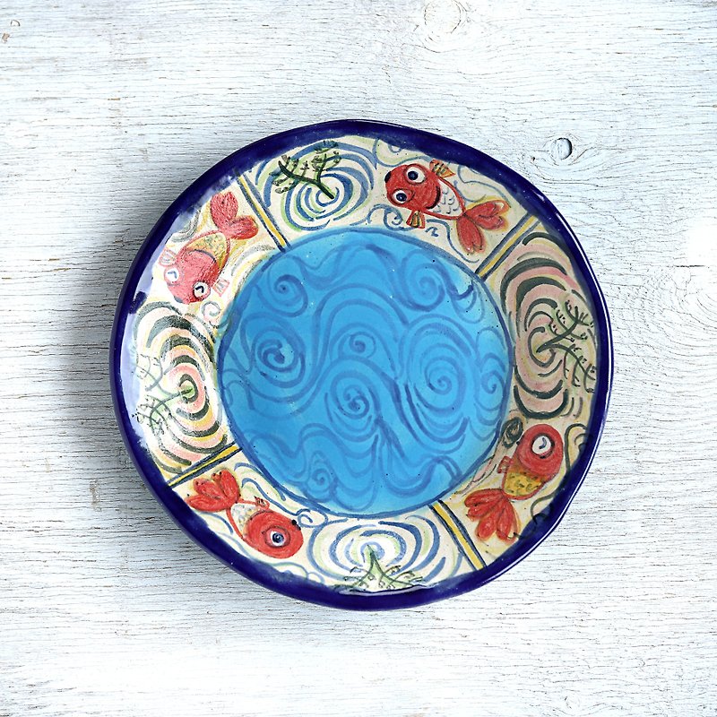 楽し気な金魚絵の丸い深皿・ブルー - 盘子/餐盘/盘架 - 陶 蓝色