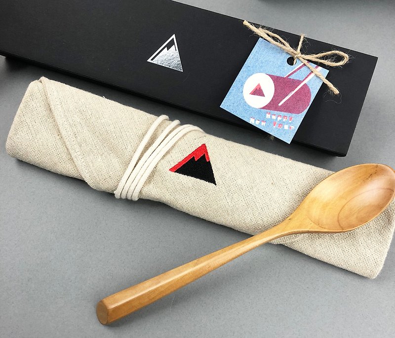 好好吃饭餐具组A(定制化电绣亚麻布餐具包+上漆木汤匙) - 餐刀/叉/匙组合 - 木头 