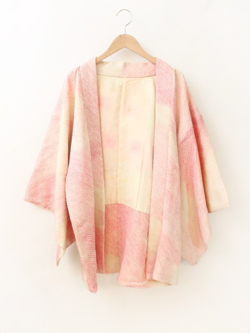 复古日本制粉红米黄和风印花古着羽织和服外套罩衫开衫 Kimono - 女装休闲/机能外套 - 聚酯纤维 粉红色
