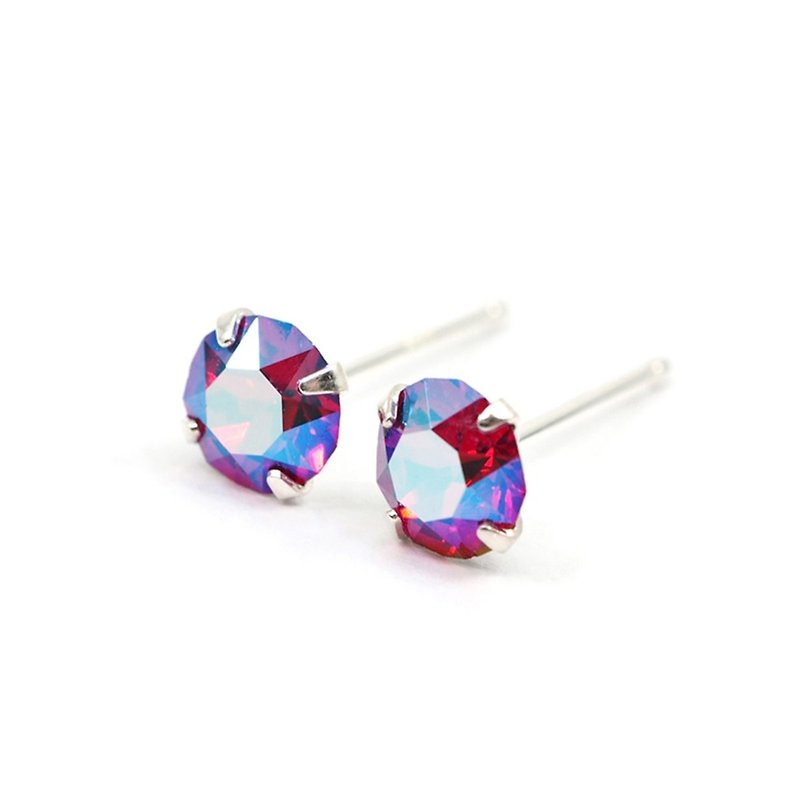 Ruby Red Shimmery Swarovski Crystal Earrings, Sterling Silver, 5mm Round - 耳环/耳夹 - 其他金属 红色