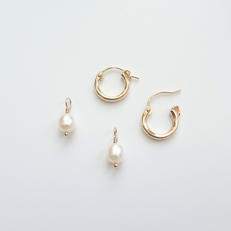14Kgf 包金基本款中性小耳圈 (可单购) + 淡水珍珠坠 两用 定制化 - 耳环/耳夹 - 珍珠 金色