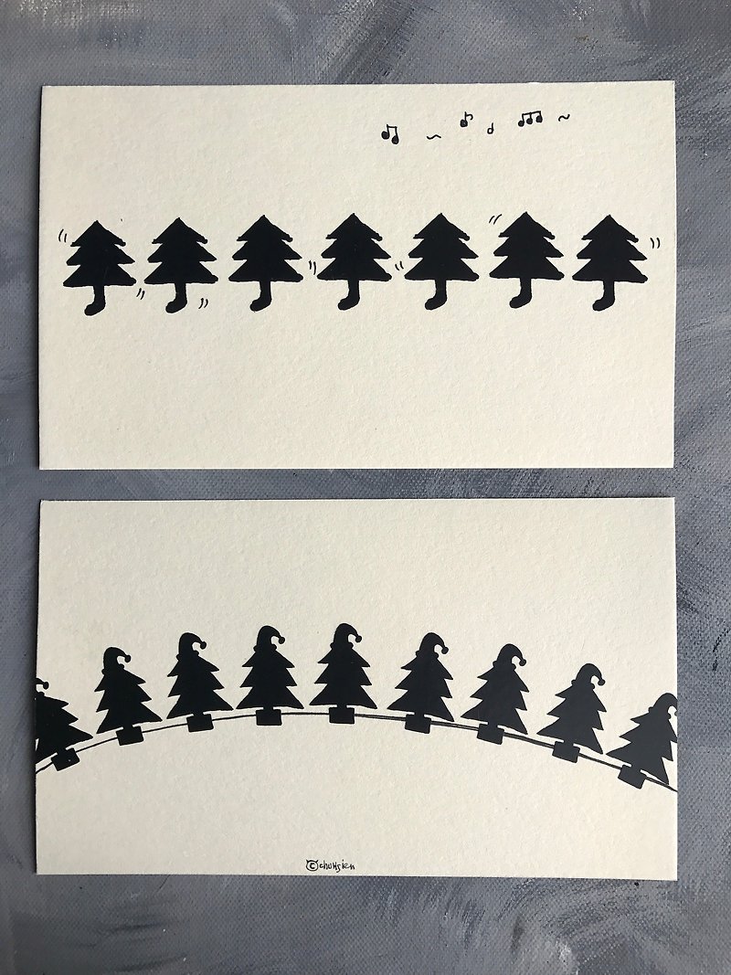 手作圣诞明信片㊣圣诞树袜跳恰恰、圣诞树帽的丛林（组） - 卡片/明信片 - 纸 黑色