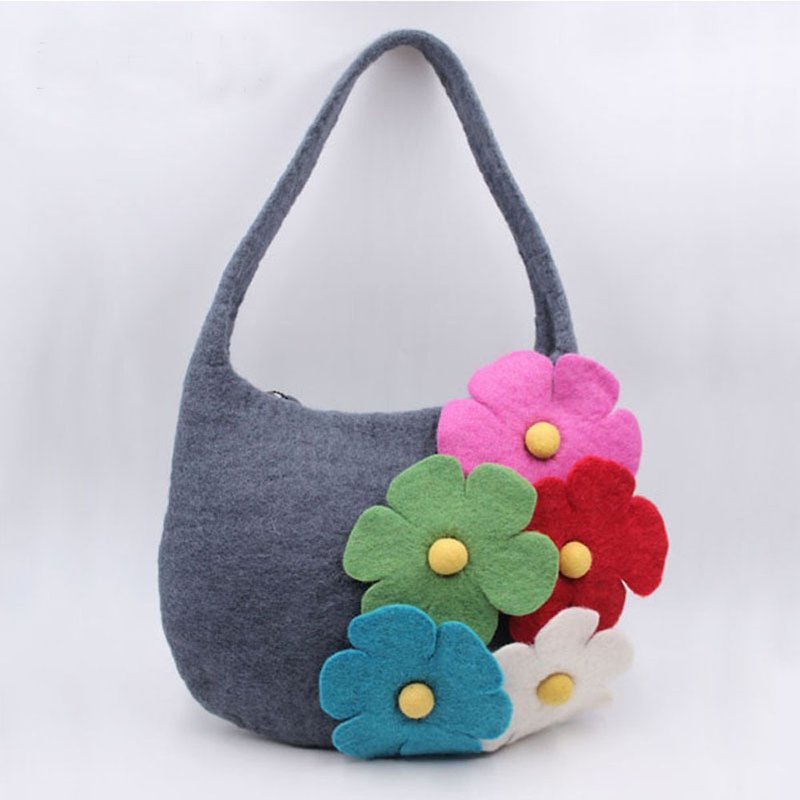 羊毛毡手提包包 创意手工花朵单肩包 湿毡揉制 文艺范气质女 - 手提包/手提袋 - 羊毛 灰色