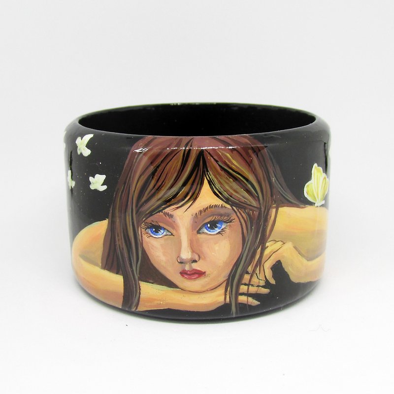 Hand Painted Wooden Bangle Bracelet With Girl and Butterfly - 手链/手环 - 木头 黑色