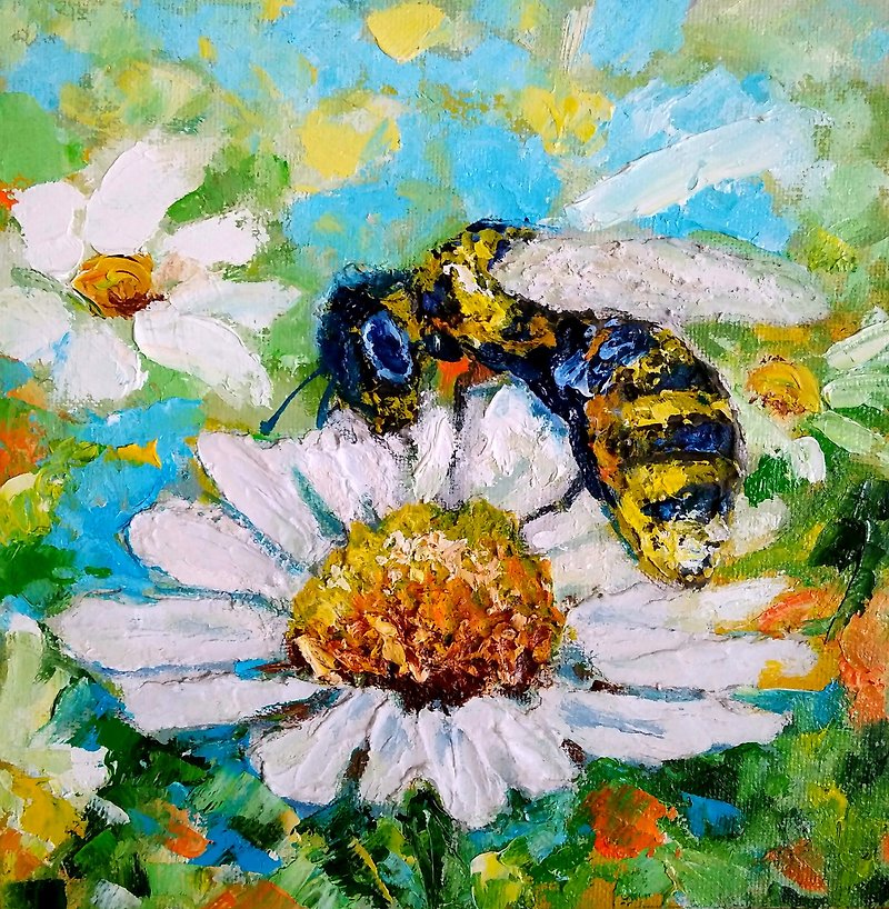 Bee Original Painting, Honeybee Daisy Floral Artwork, Insect Wall Art, 手工油畫 - 海报/装饰画/版画 - 其他材质 多色