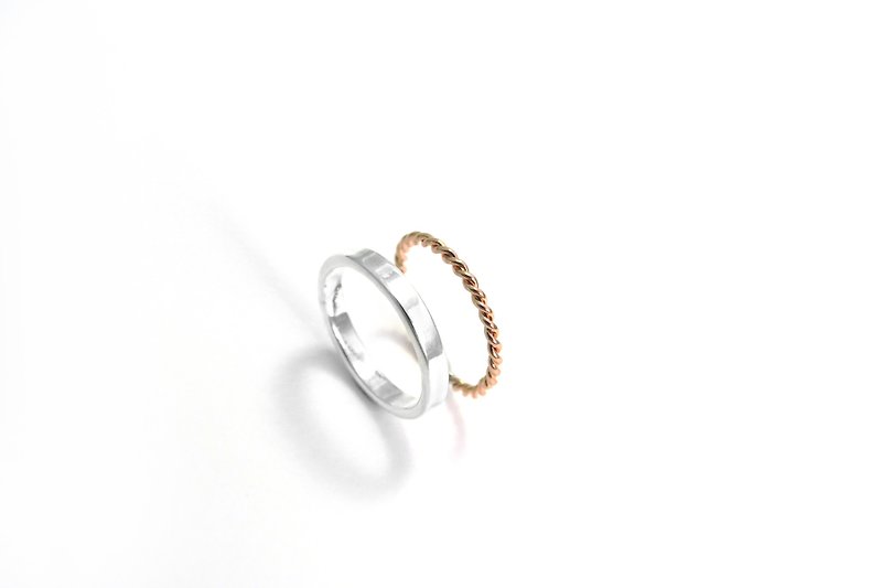 3mm质感戒-银+细线戒-双件组 纯银戒指(玫瑰金) - 戒指 - 银 银色