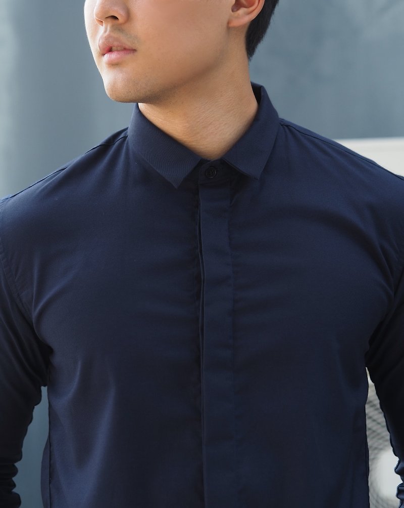 Navy mini collar shirt - 男装衬衫 - 棉．麻 蓝色